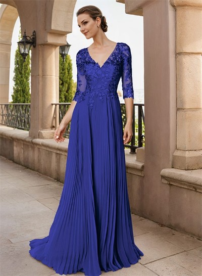 A-Line V-Neck Floor-Length Chiffon Mother Of The Bride Dresses With Lace Pleated