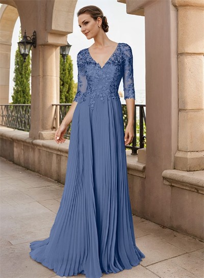 A-Line V-Neck Floor-Length Chiffon Mother Of The Bride Dresses With Lace Pleated