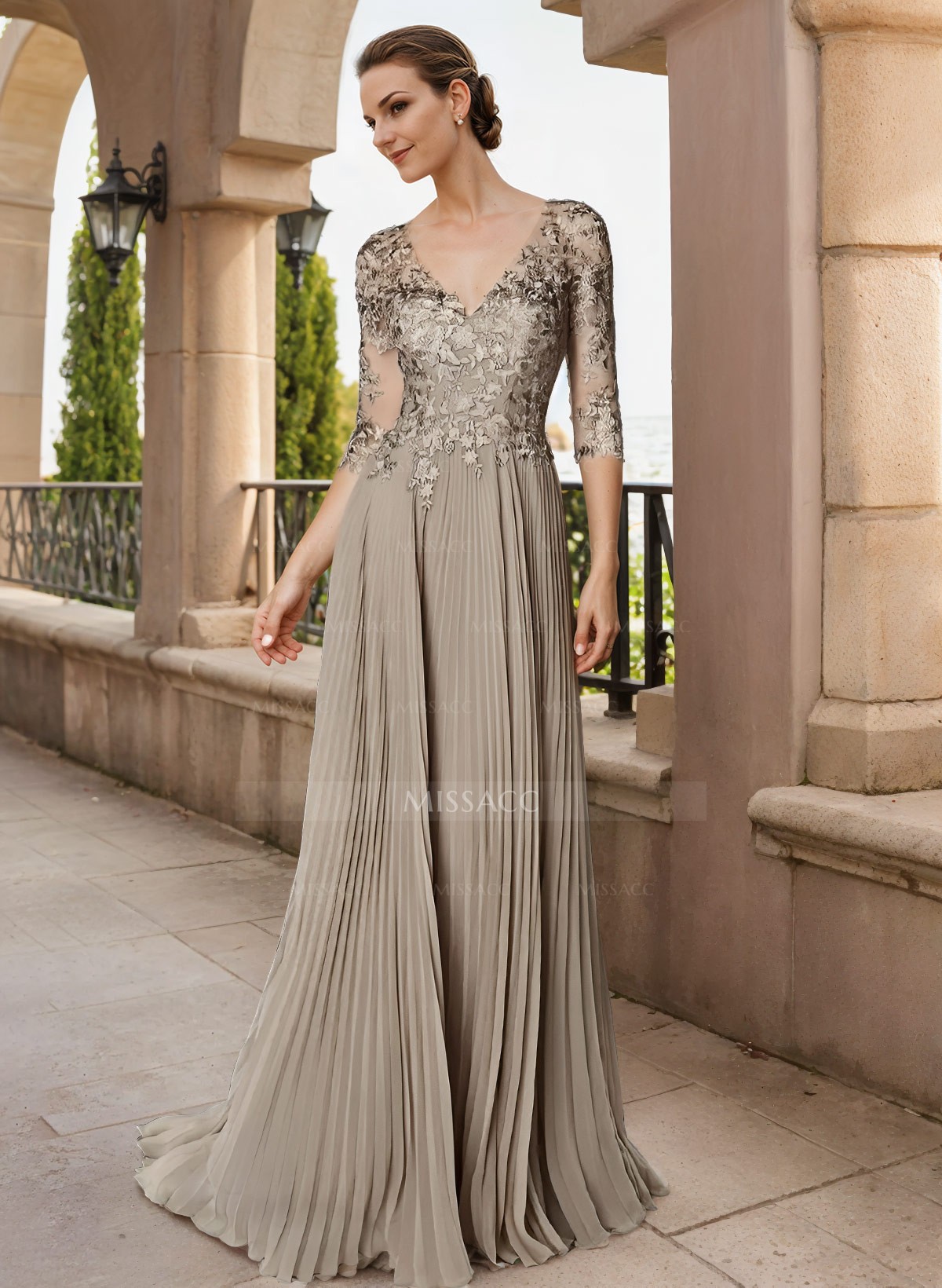 A-Line V-Neck Floor-Length Chiffon Mother Of The Bride Dresses With Lace Pleated