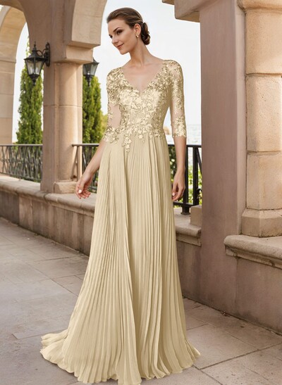 A-Line V-Neck Floor-Length Chiffon Mother Of The Bride Dresses With Lace Pleated