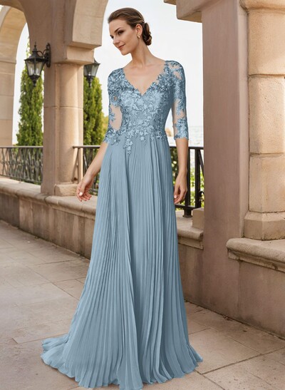 A-Line V-Neck Floor-Length Chiffon Mother Of The Bride Dresses With Lace Pleated