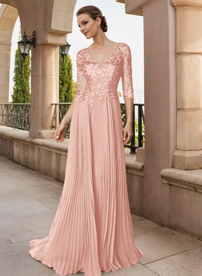 A-Line V-Neck Floor-Length Chiffon Mother Of The Bride Dresses With Lace Pleated