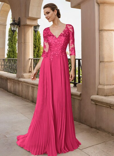 A-Line V-Neck Floor-Length Chiffon Mother Of The Bride Dresses With Lace Pleated