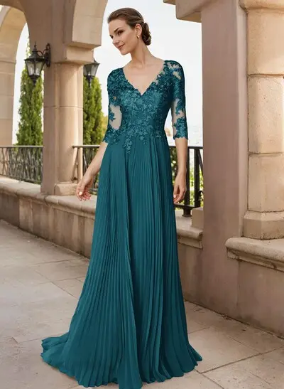 lace and chiffon long dress Formal Mother of the Bride Long Lace Chiffon Dress
