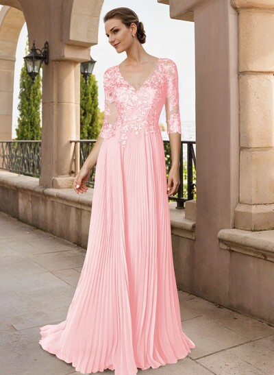 A-Line V-Neck Floor-Length Chiffon Mother Of The Bride Dresses With Lace Pleated