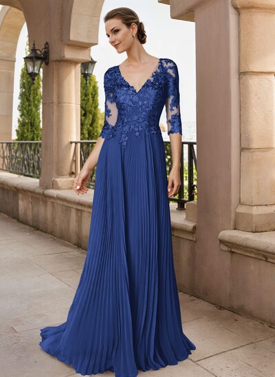 A-Line V-Neck Floor-Length Chiffon Mother Of The Bride Dresses With Lace Pleated