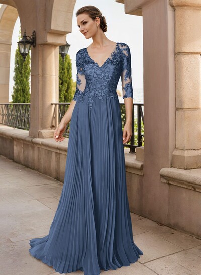 A-Line V-Neck Floor-Length Chiffon Mother Of The Bride Dresses With Lace Pleated
