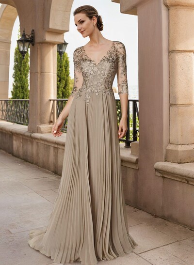 A-Line V-Neck Floor-Length Chiffon Mother Of The Bride Dresses With Lace Pleated