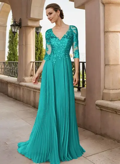 A-Line V-Neck Floor-Length Chiffon Mother Of The Bride Dresses With Lace  Pleated - Missacc
