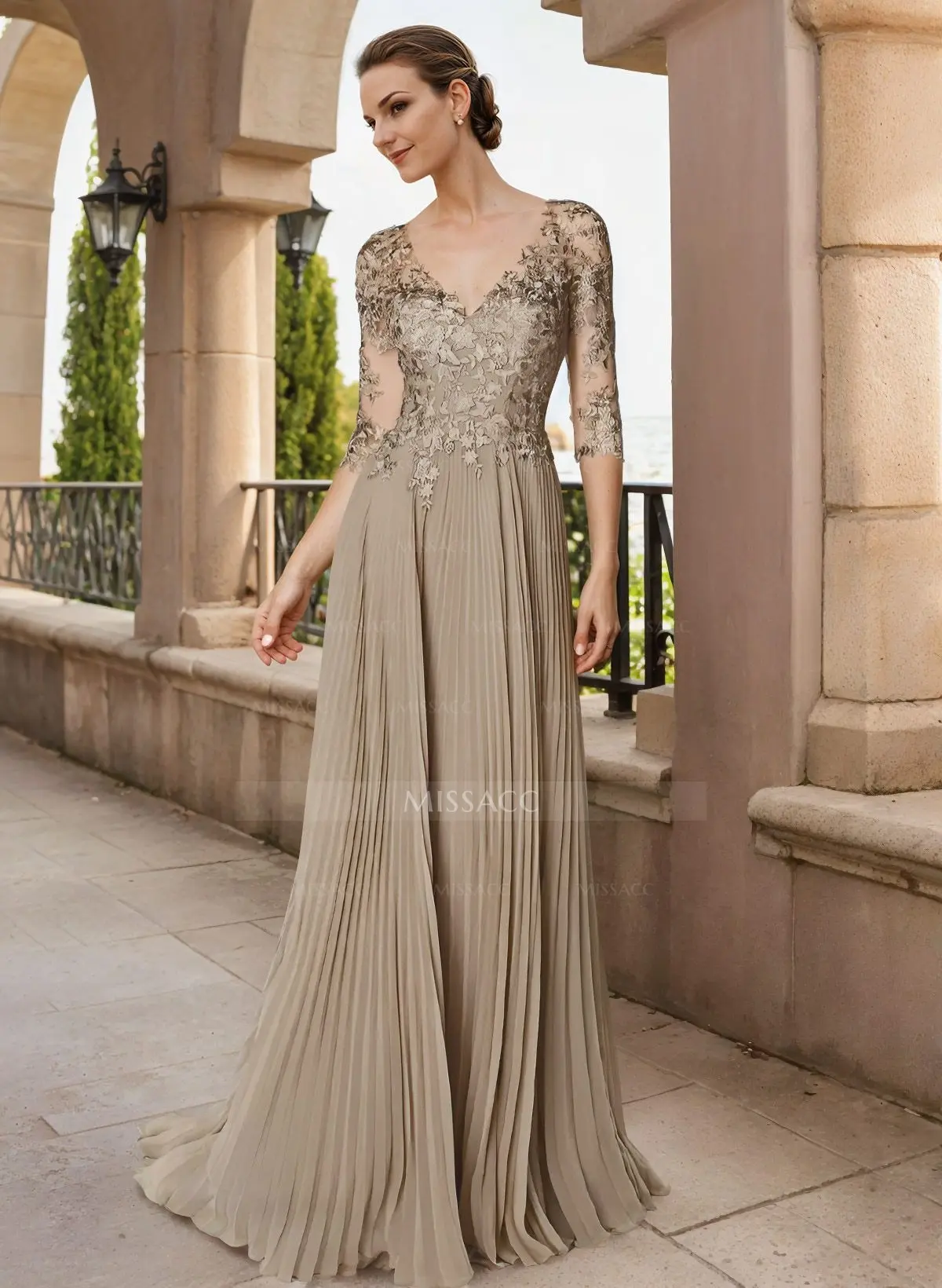 Missacc Papaya Mother of The Bride Dresses A-Line V-Neck Floor-Length Chiffon Mother of The Bride Dresses with Lace Pleated