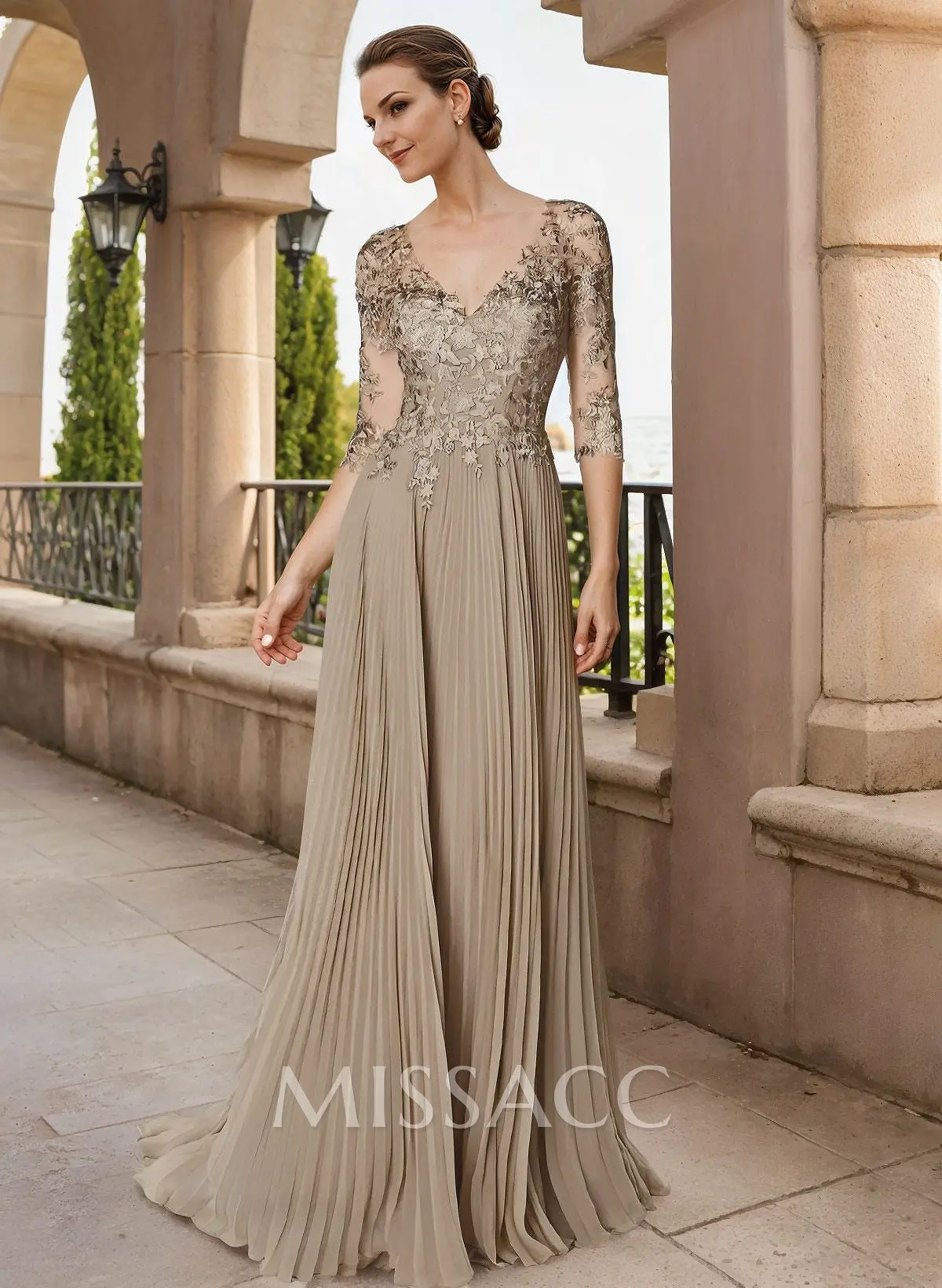 A-Line V-Neck Floor-Length Chiffon Mother Of The Bride Dresses With Lace  Pleated - Missacc Germany