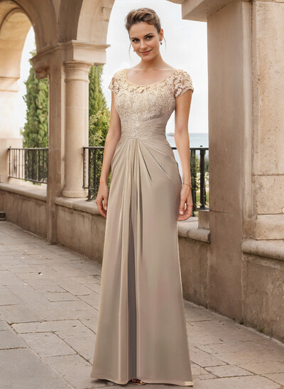 Sheath/Column Scoop Neck Floor-Length Chiffon Mother Of The Bride Dress With Lace Ruffle