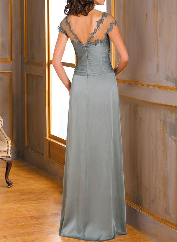 A-Line Illusion Neck Floor-Length Chiffon Mother of the Bride Dress With Appliques Lace 