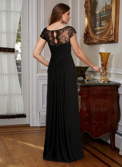A-Line Illusion Neck Floor-Length Chiffon Mother Of The Bride Dress With Lace