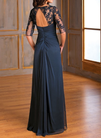A-Line Illusion Neck Floor-Length Chiffon Mother Of The Bride Dress With Appliques Lace