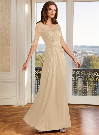 A-Line Illusion Neck Floor-Length Chiffon Mother Of The Bride Dress With Appliques Lace