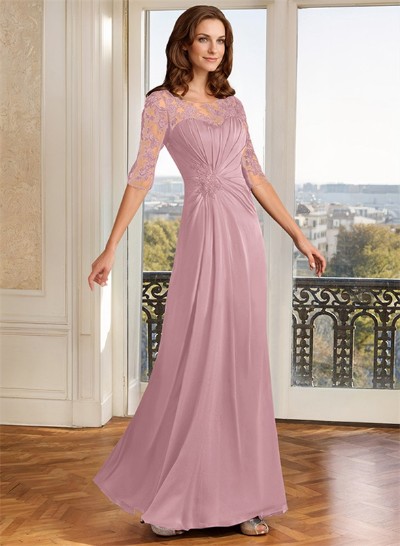 A-Line Illusion Neck Floor-Length Chiffon Mother Of The Bride Dress With Appliques Lace