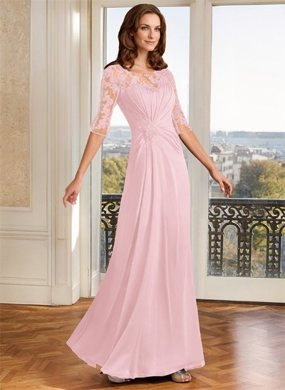 A-Line Illusion Neck Floor-Length Chiffon Mother Of The Bride Dress With Appliques Lace