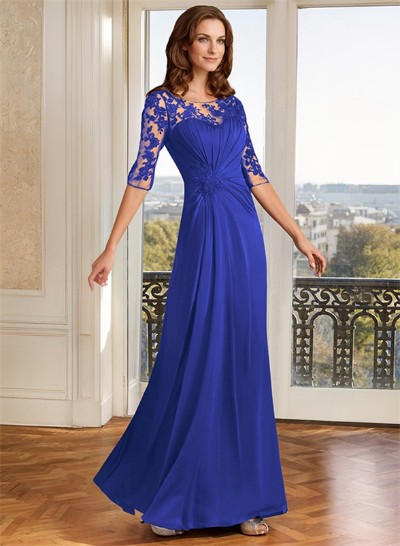 A-Line Illusion Neck Floor-Length Chiffon Mother Of The Bride Dress With Appliques Lace