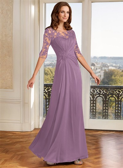 A-Line Illusion Neck Floor-Length Chiffon Mother Of The Bride Dress With Appliques Lace