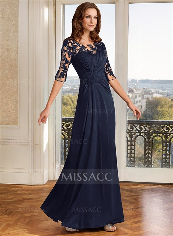 A-Line Illusion Neck Floor-Length Chiffon Mother Of The Bride Dress With Appliques Lace
