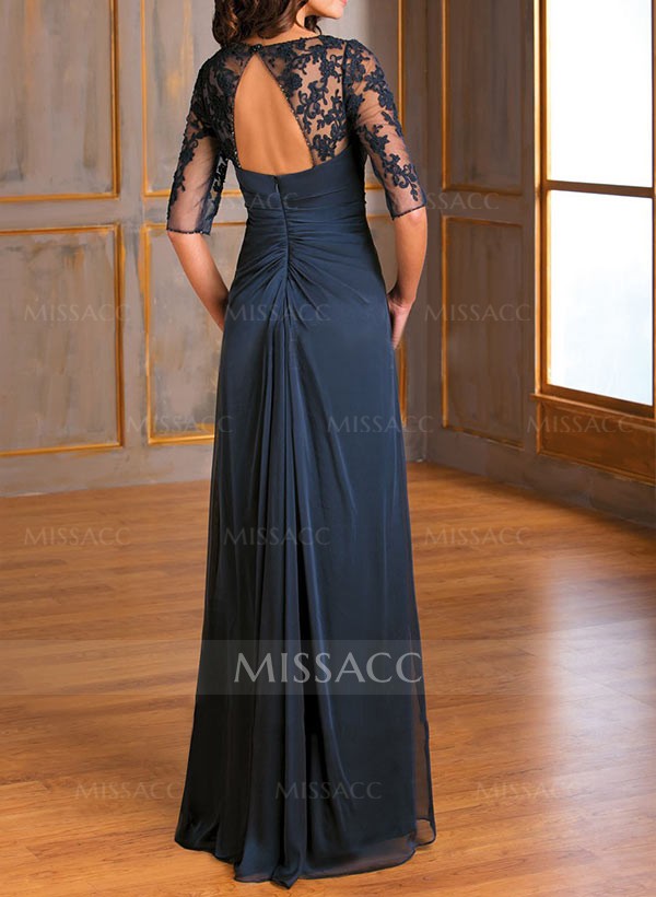 A-Line Illusion Neck Floor-Length Chiffon Mother Of The Bride Dress With Appliques Lace