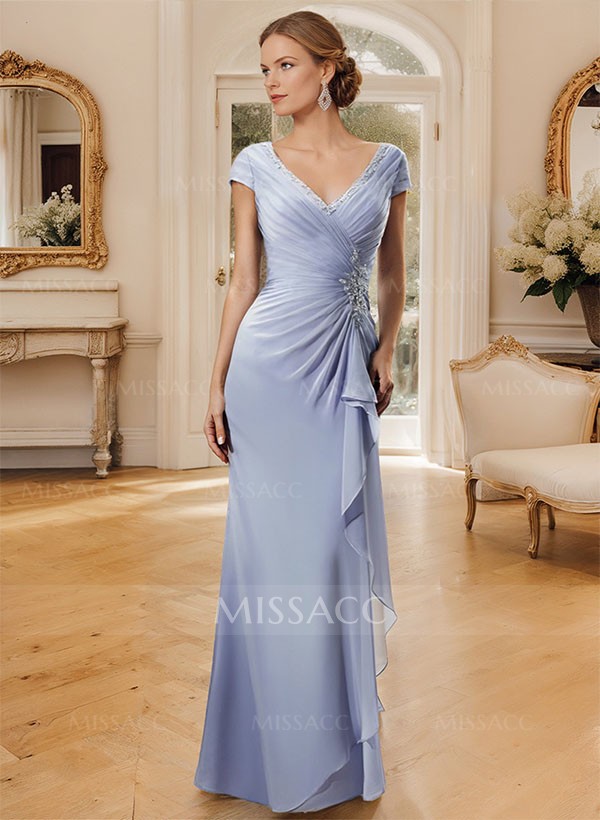 Sheath/Column V-Neck Floor-Length Chiffon Mother Of The Bride Dress With Appliques Lace