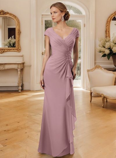 Sheath/Column V-Neck Floor-Length Chiffon Mother Of The Bride Dress With Appliques Lace