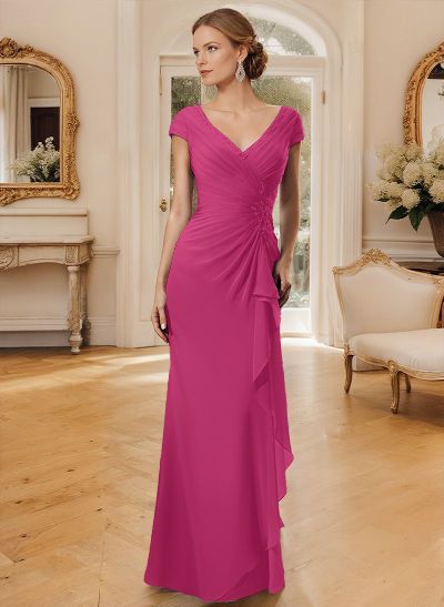 Sheath/Column V-Neck Floor-Length Chiffon Mother Of The Bride Dress With Appliques Lace