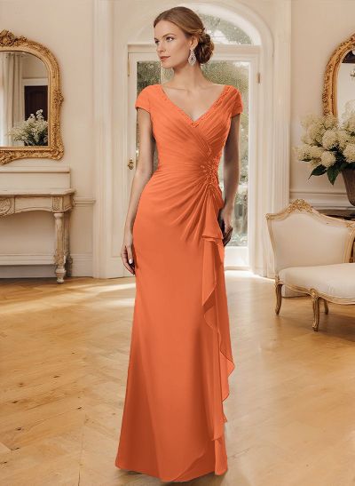 Sheath/Column V-Neck Floor-Length Chiffon Mother Of The Bride Dress With Appliques Lace