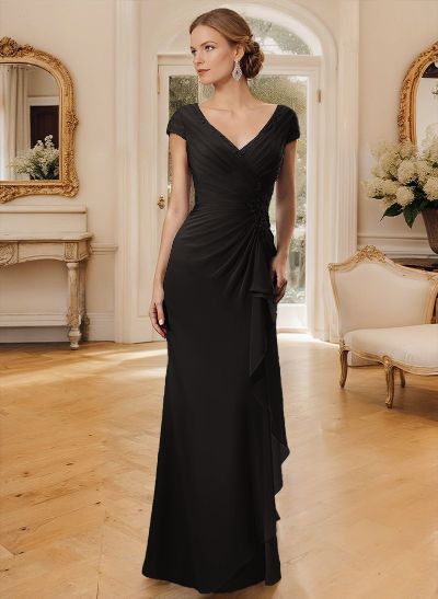 Sheath/Column V-Neck Floor-Length Chiffon Mother Of The Bride Dress With Appliques Lace