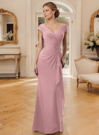 Sheath/Column V-Neck Floor-Length Chiffon Mother Of The Bride Dress With Appliques Lace
