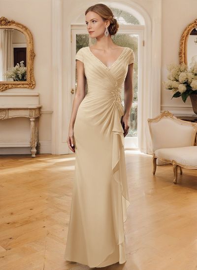 Sheath/Column V-Neck Floor-Length Chiffon Mother Of The Bride Dress With Appliques Lace