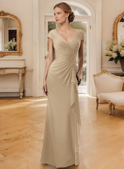Sheath/Column V-Neck Floor-Length Chiffon Mother Of The Bride Dress With Appliques Lace