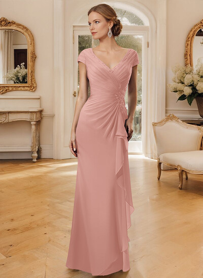 Sheath/Column V-Neck Floor-Length Chiffon Mother Of The Bride Dress With Appliques Lace