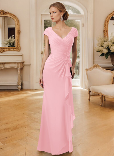 Sheath/Column V-Neck Floor-Length Chiffon Mother Of The Bride Dress With Appliques Lace