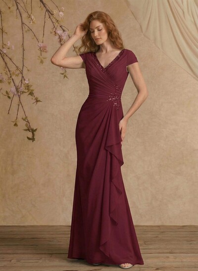 Sheath/Column V-Neck Floor-Length Chiffon Mother Of The Bride Dress With Appliques Lace