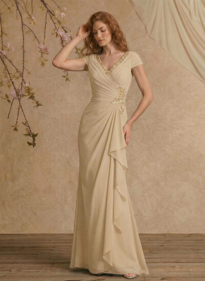 Sheath/Column V-Neck Floor-Length Chiffon Mother Of The Bride Dress With Appliques Lace