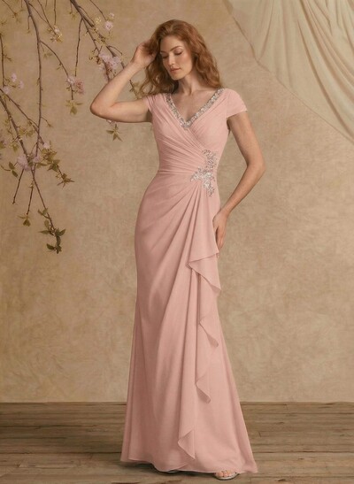 Sheath/Column V-Neck Floor-Length Chiffon Mother Of The Bride Dress With Appliques Lace