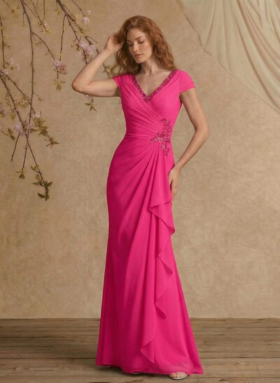 Sheath/Column V-Neck Floor-Length Chiffon Mother Of The Bride Dress With Appliques Lace