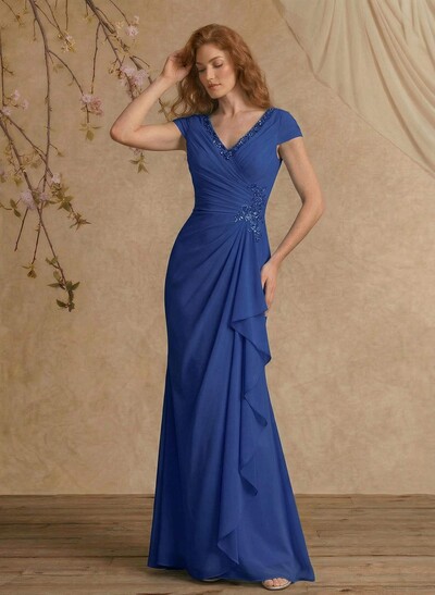 Sheath/Column V-Neck Floor-Length Chiffon Mother Of The Bride Dress With Appliques Lace