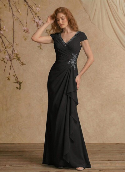 Sheath/Column V-Neck Floor-Length Chiffon Mother Of The Bride Dress With Appliques Lace