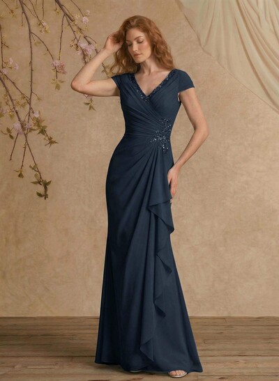 Sheath/Column V-Neck Floor-Length Chiffon Mother Of The Bride Dress With Appliques Lace