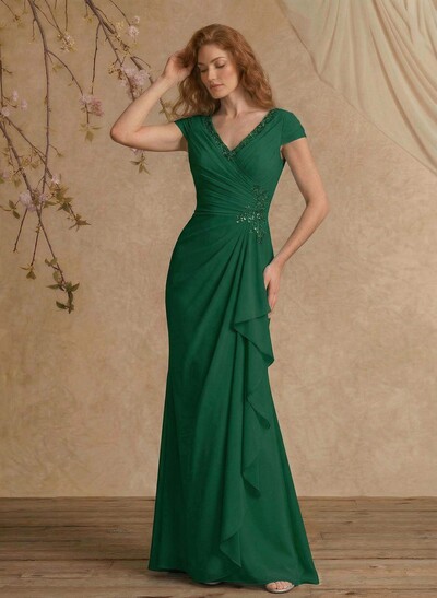 Sheath/Column V-Neck Floor-Length Chiffon Mother Of The Bride Dress With Appliques Lace
