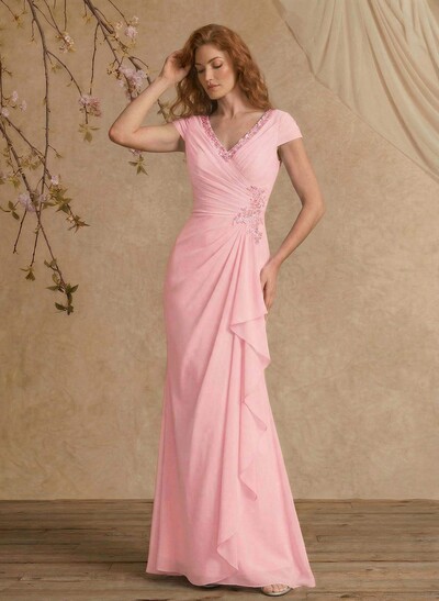 Sheath/Column V-Neck Floor-Length Chiffon Mother Of The Bride Dress With Appliques Lace