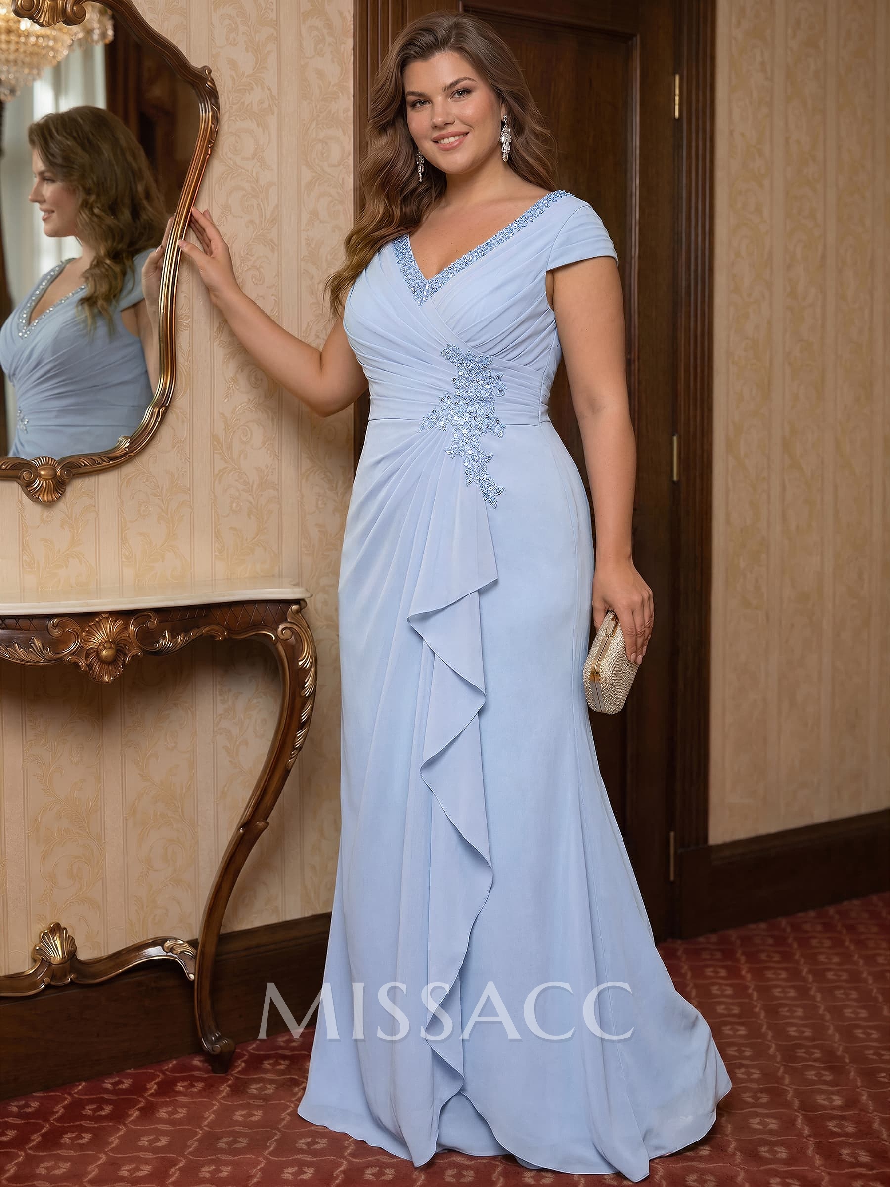 Sheath/Column V-Neck Floor-Length Chiffon Mother Of The Bride Dress With Appliques Lace