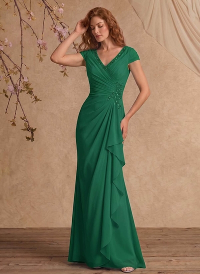 Sheath/Column V-Neck Floor-Length Chiffon Mother Of The Bride Dress With Appliques Lace