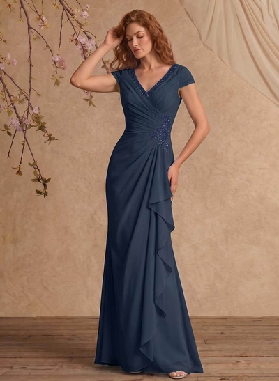 Sheath/Column V-Neck Floor-Length Chiffon Mother Of The Bride Dress With Appliques Lace