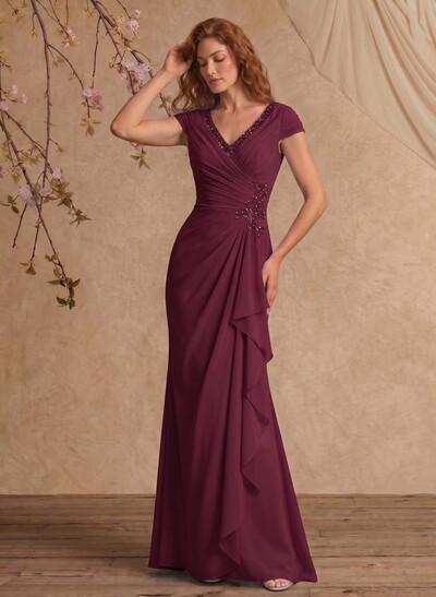 Sheath/Column V-Neck Floor-Length Chiffon Mother Of The Bride Dress With Appliques Lace