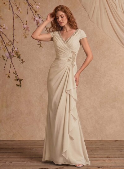Sheath/Column V-Neck Floor-Length Chiffon Mother Of The Bride Dress With Appliques Lace